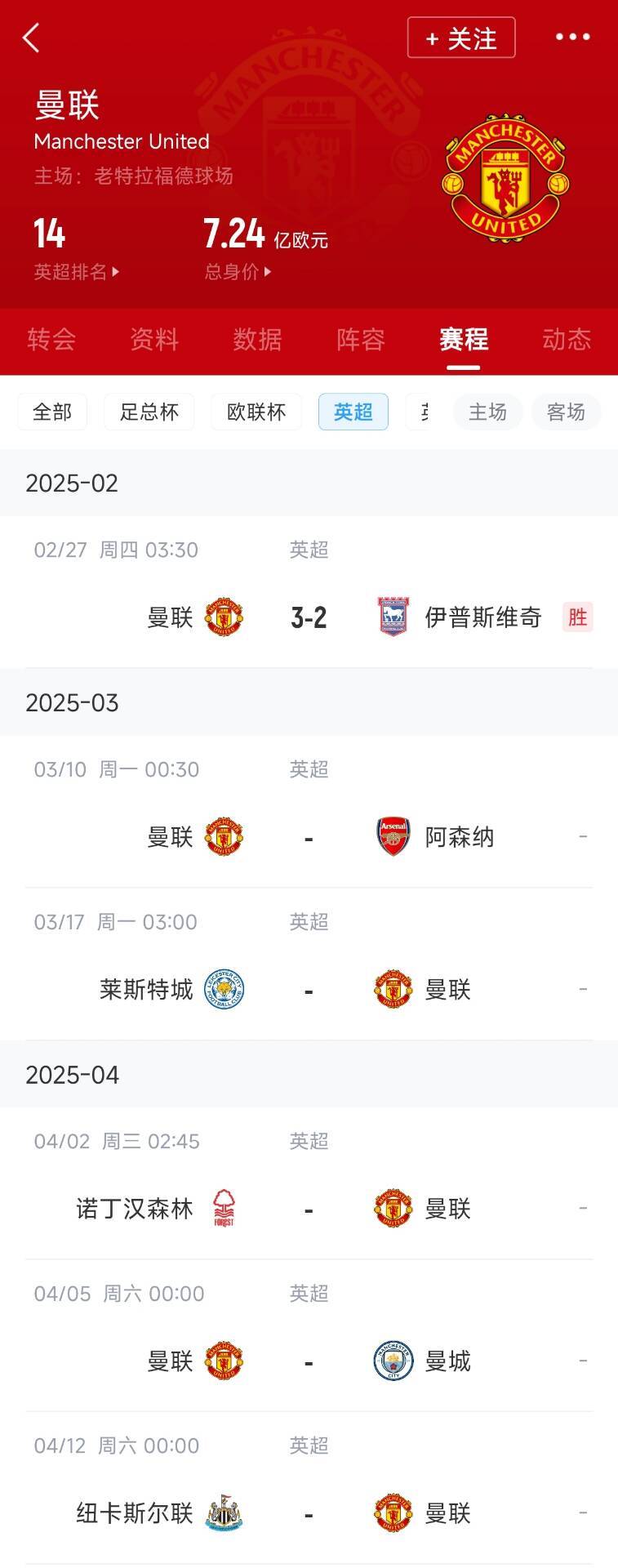 藍狐救一下？曼聯(lián)未來5輪將遭遇英超2/3/4/6名：槍手森林曼城紐卡